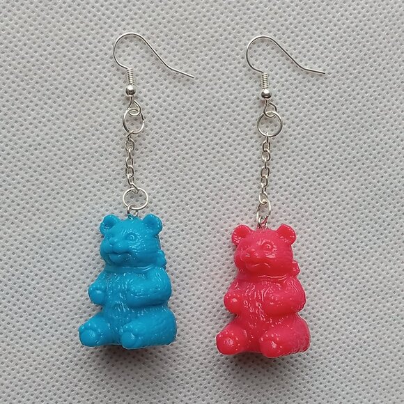 Fun Weird Earrings, Blue & Red Teddy Bear Earrings, Wild, Funky, One of a Kind - Picture 7 of 7